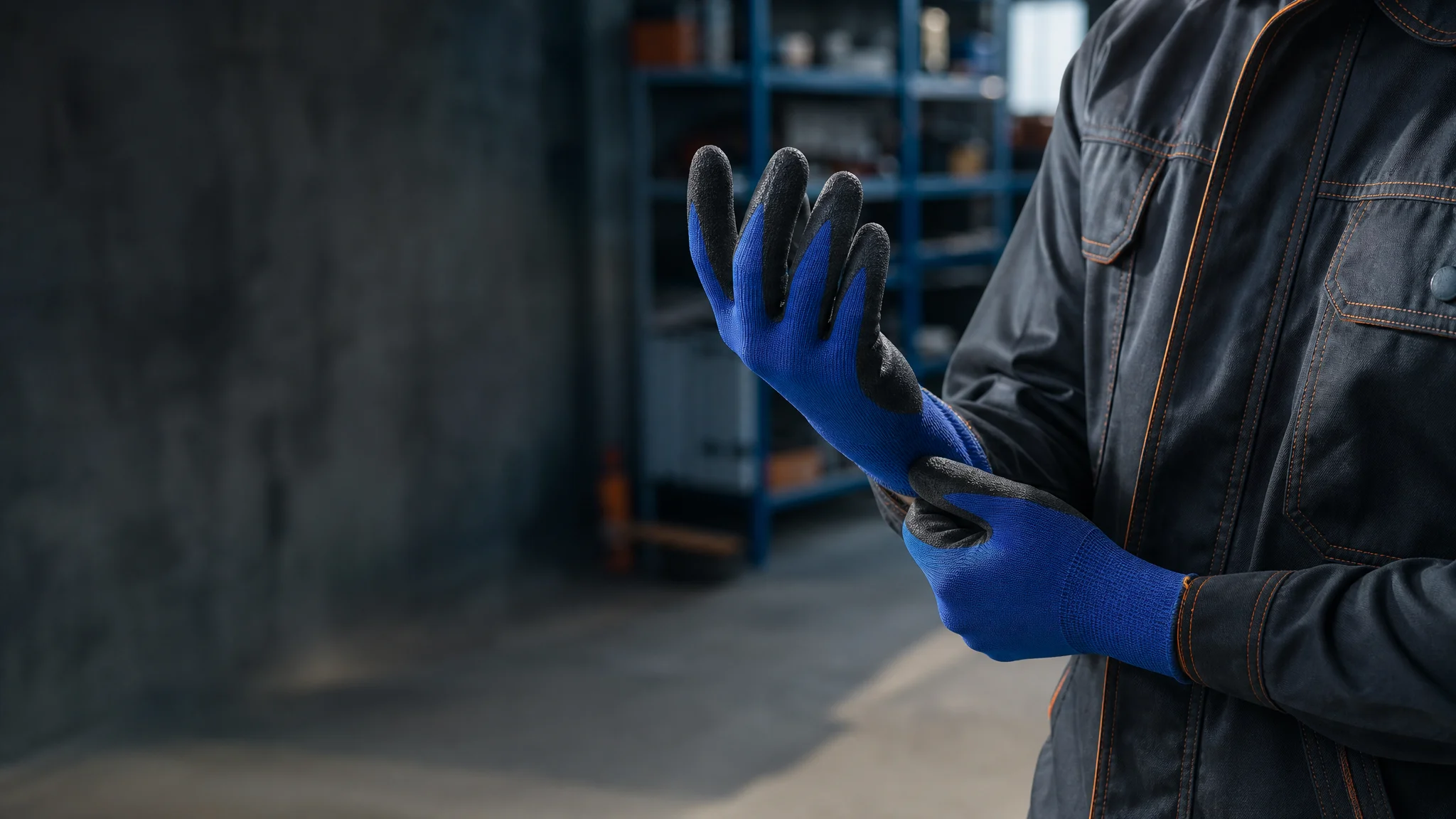 Illustrative brand scene: a worker adjusting blue and black coated gloves in a workshop. AI-generated, not a specific WeaveField product or facility.