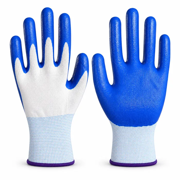 Blue-White Nitrile gloves showing palm coating and knitted back