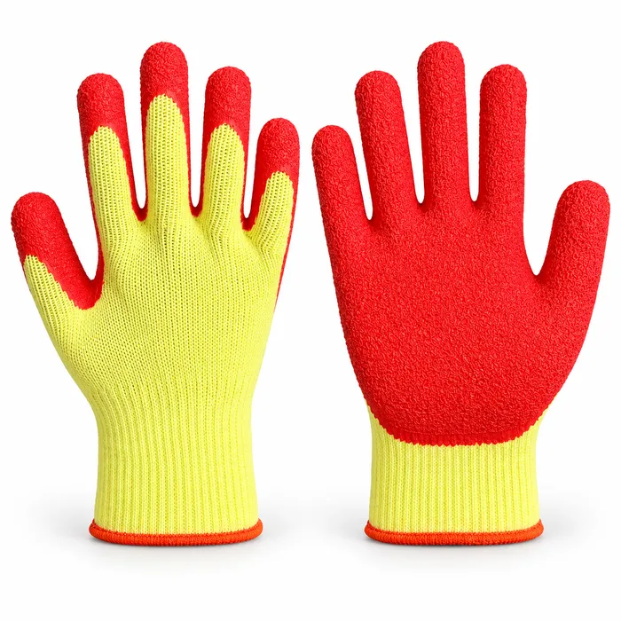 Yellow-Red Crinkle gloves showing palm coating and knitted back