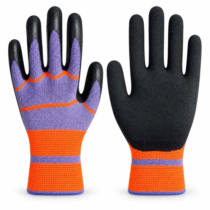 Black-Purple Elastic Foam gloves showing palm coating and knitted back