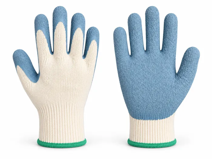 White-Blue Crinkle gloves showing palm coating and knitted back