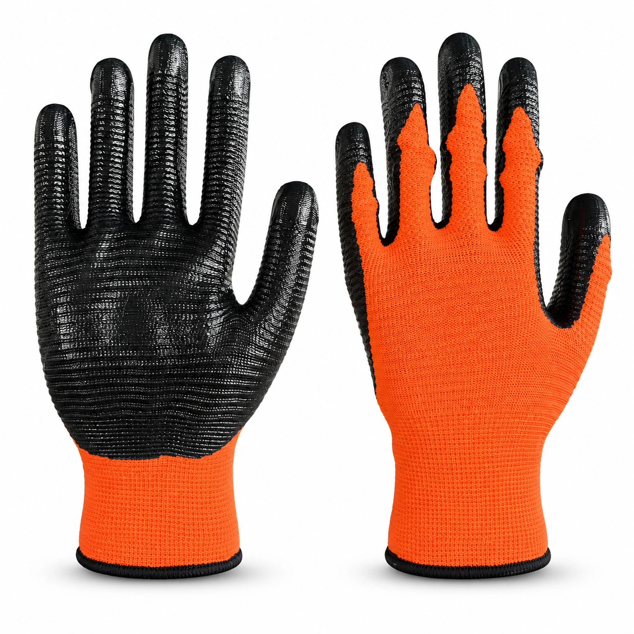 WF-05 Orange-Black Horizontal Nitrile: knitted back and coated palm