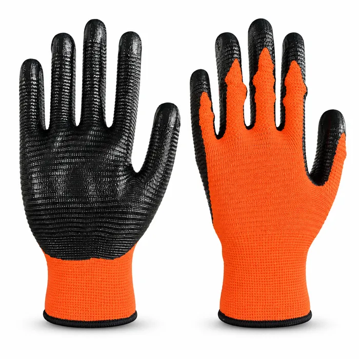 Orange-Black Horizontal Nitrile gloves showing palm coating and knitted back