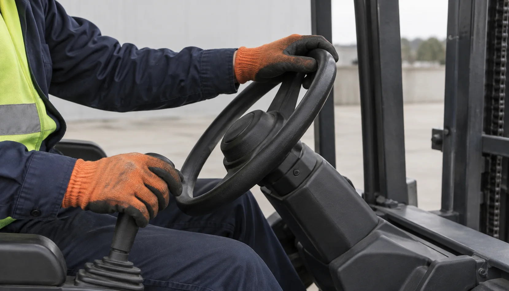 AI-generated illustrative scene of orange and black gloved hands operating a forklift, not a specific product or company facility