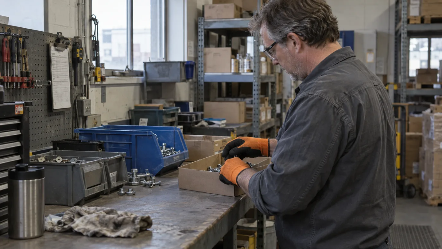 Illustrative work scene: a grey-shirted worker wearing gloves sorts parts at a workbench. AI-generated, not a company employee or facility.